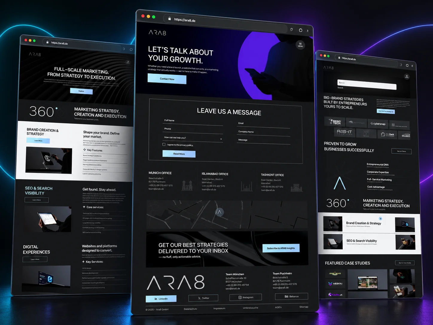 ARA8 digital marketing website mockup, view 1
