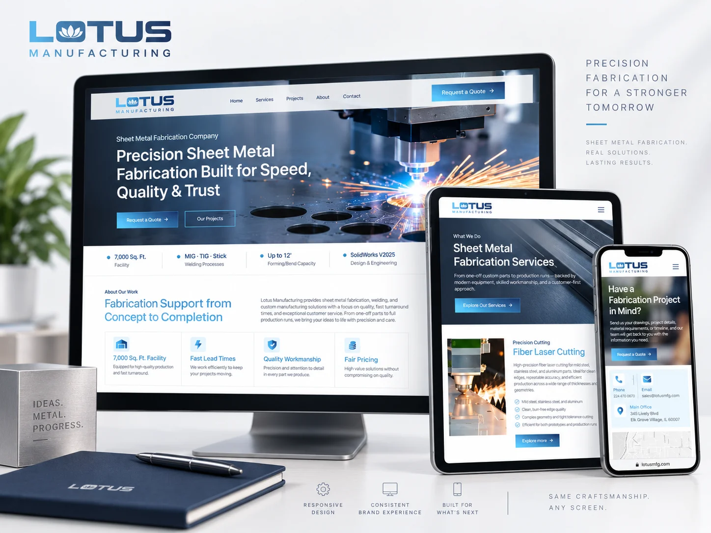 Lotus Manufacturing fabrication website mockup, view 1