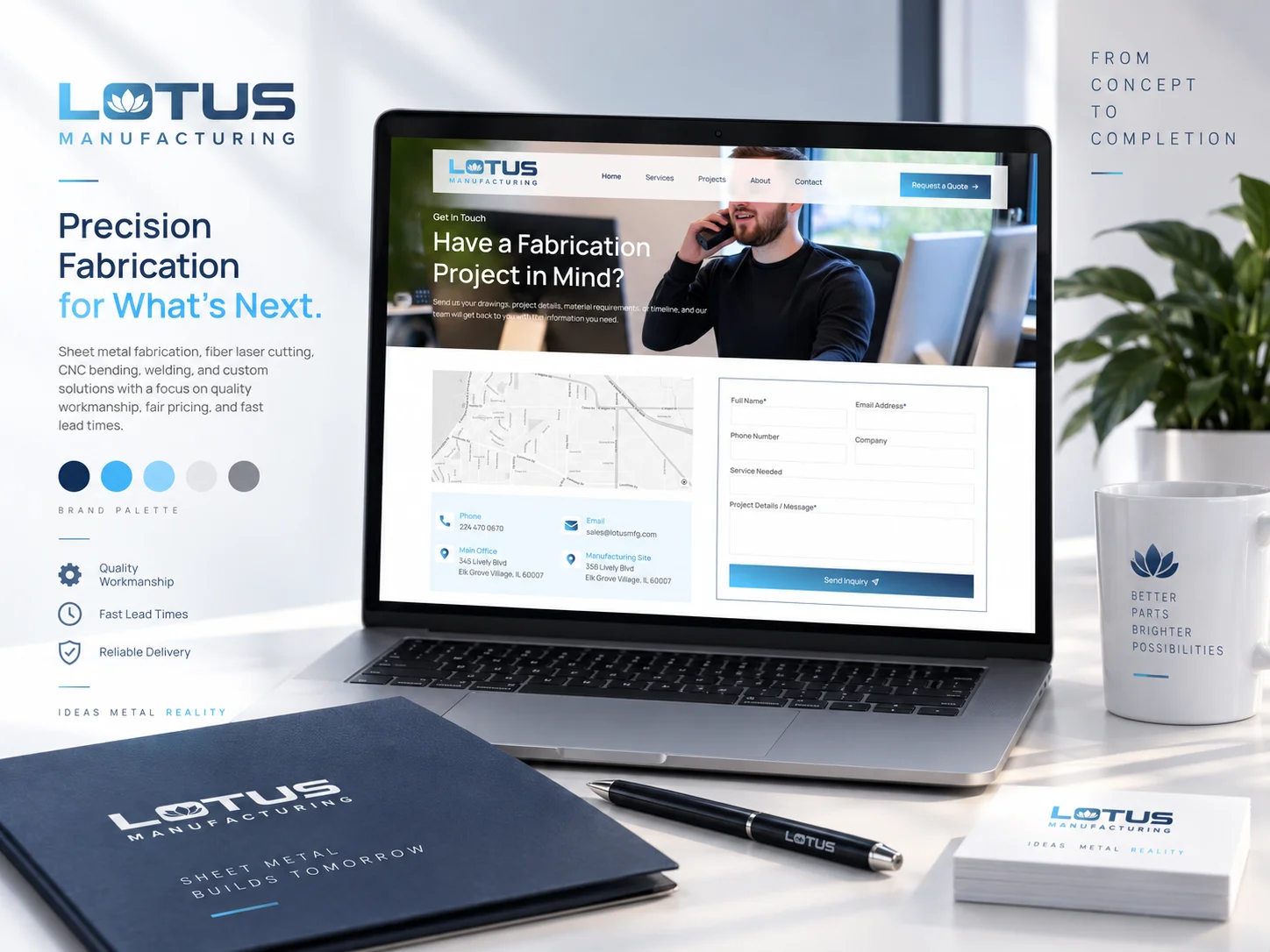 Lotus Manufacturing fabrication website mockup, view 2